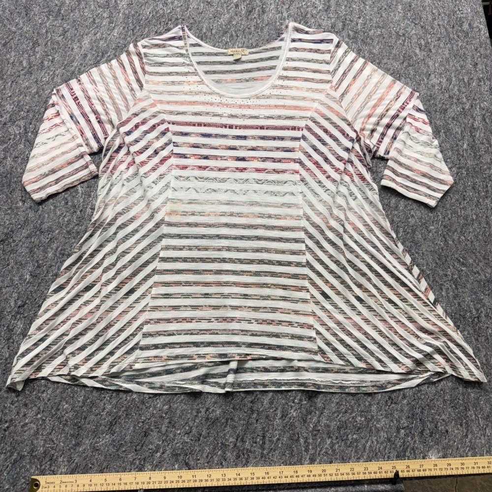 One World Live and Let Live Striped Rhinestone Sharkbite Tunic Top XXXL‎ White